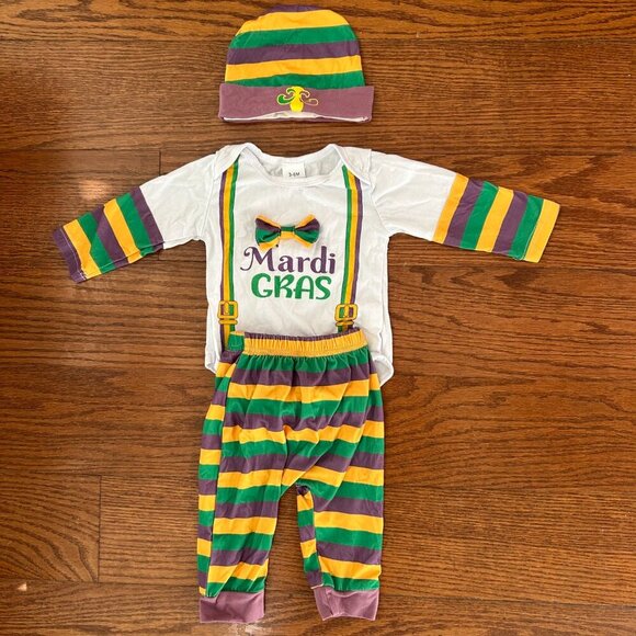 Baby Boy Mardi Gras Set Long Sleeve Bow Bodysuit Pants Hat Size 3-6 Months - Picture 12 of 13